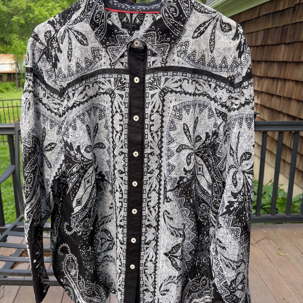 Talbots plus paisley long sleeve button down shirt Black/White 2X